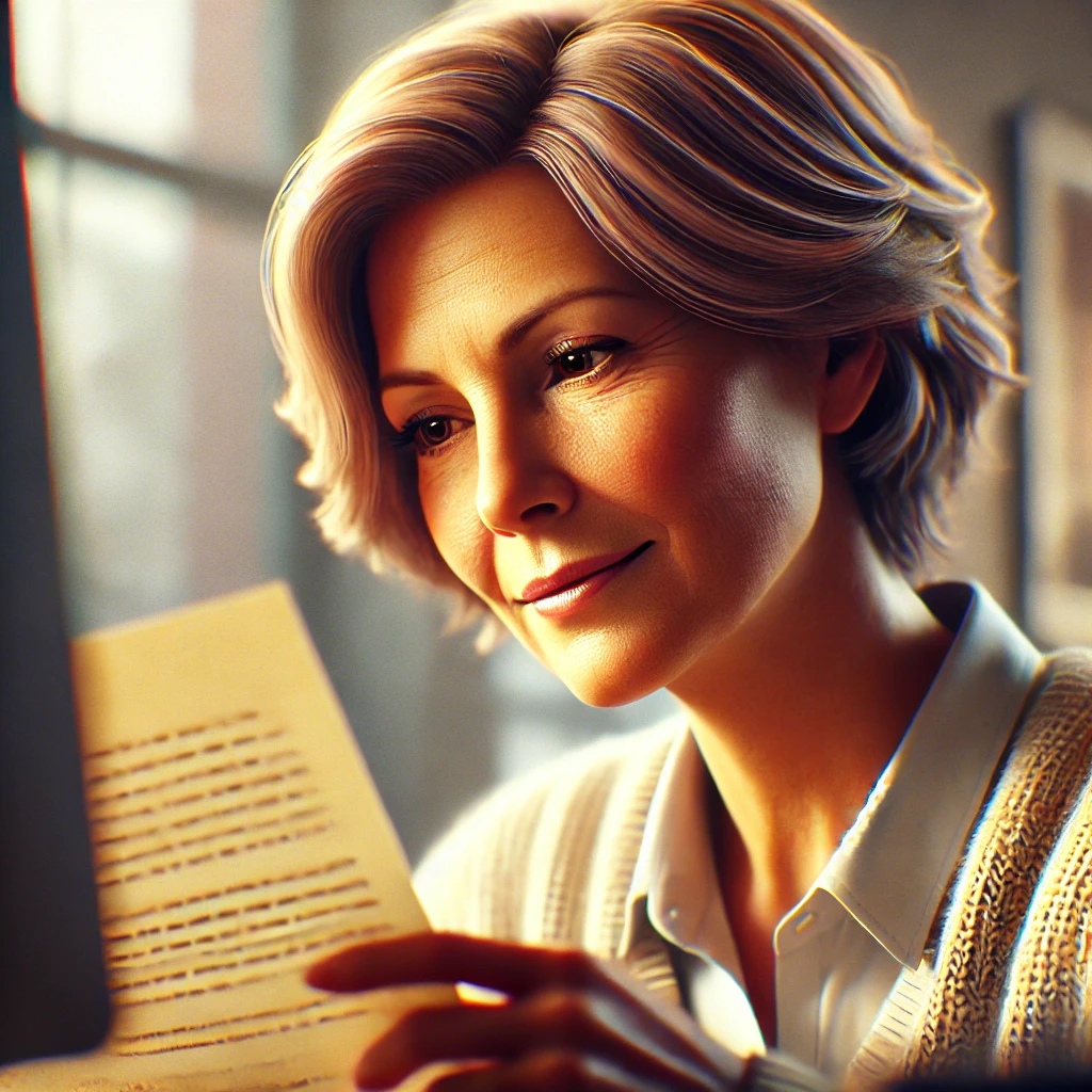 retrato hiperrealista de una mujer madura leyendo una carta en papel. La mujer está sentada frente a su ordenador. El ambiente es luminoso y ella esboza apenas una sonrisa nostálgica.